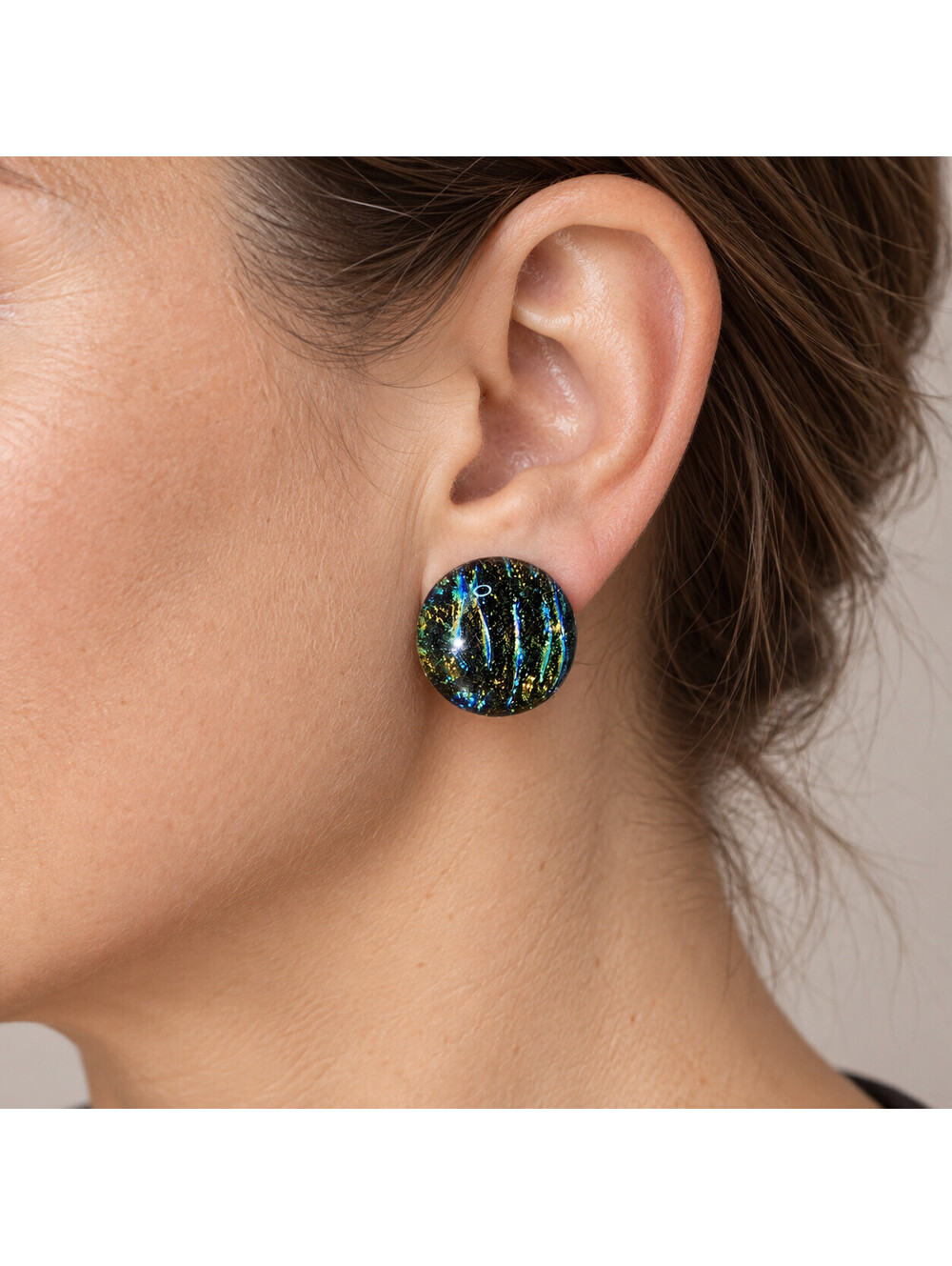 Vintage Dichroic Glass Clip On Earrings Round Iridescent Multicolor Silver Tone
